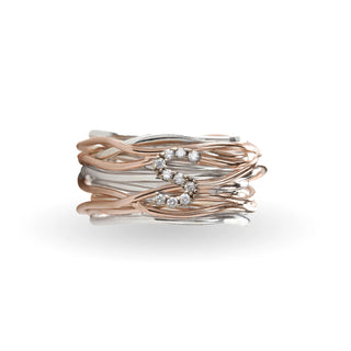 Filodellavita Classic Collection Ring, 13 Strands in Silver and 9Kt Rose Gold with White Gold Letter of White Diamonds / Size 14 S