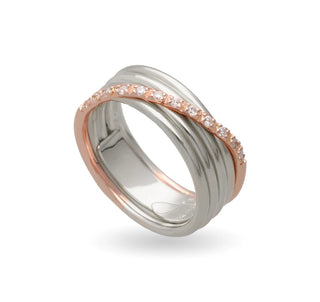 Filodellavita Classic Collection Ring, 5 Strands in 9Kt Rose Gold, 925 Silver and 12 White Diamonds 0.17 Ct