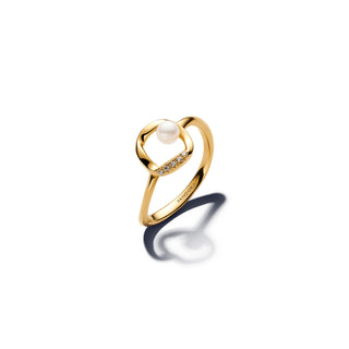 Anello Cerchio Linea Sinuosa con Perla d'Acqua Dolce Coltivata e Pavè