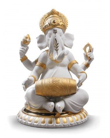 Lladrò Figurina ganesha con mridangam. Lustro oro