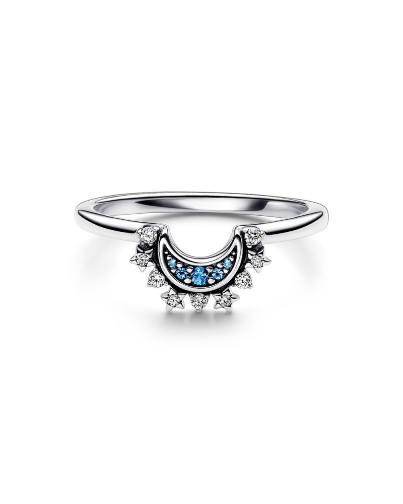 Celestial moon sterling silver ring with night blue crystal and clear cubic  zirconia