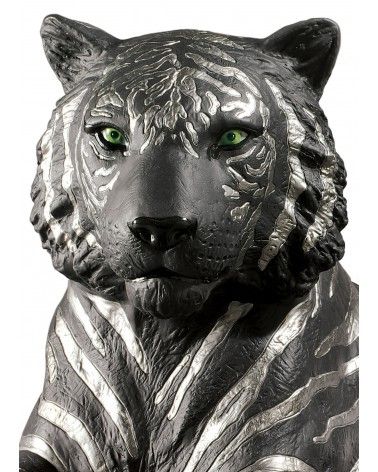 Tiger Figurine. Silver Lustre and Black