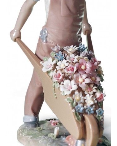 Wheelbarrow with Flowers Boy Figurine