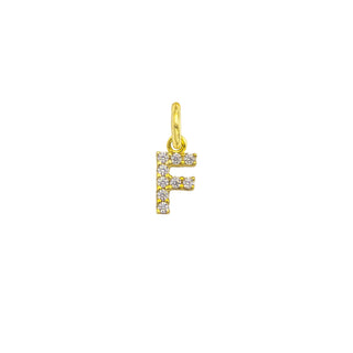 Gold 9kt letter F charm with sparkling zircon stones.