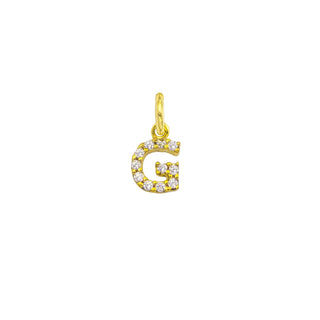 Gold 9kt letter G charm with sparkling zircons, elegant and timeless.