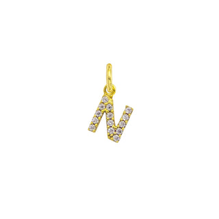 Gold 9kt letter N charm with sparkling zircon stones.