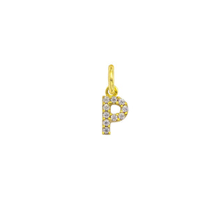 Gold 9kt letter "P" charm with sparkling zirconi, elegant and timeless.