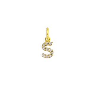 Gold 9kt letter S charm with sparkling zirconi, elegant and refined.