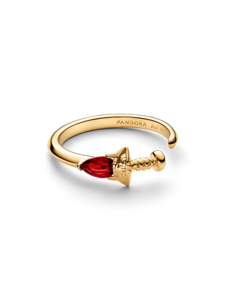 Anello Aperto Disney Spada di Mulan Plac. Oro 14k, Cristallo Rosso Salsa e Zirconia Cubica Trasparente
