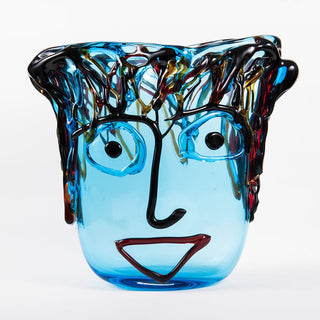 Vaso Faccia Tributo a Picasso in vetro di Murano - Celeste h.33 cm