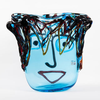 Vaso Faccia Tributo a Picasso in vetro di Murano - Celeste h.33 cm