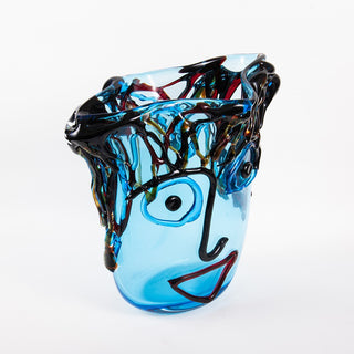 Vaso Faccia Tributo a Picasso in vetro di Murano - Celeste h.33 cm