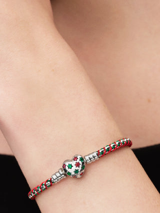 Bracciale Maglia Veneziana Intrecciato Arg. Sterling, Zirc. Cubica Rossa, Cristallo Verde Reale, Cordino Rosso/Verde