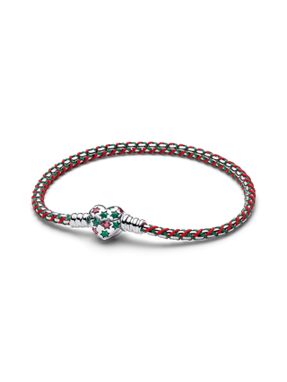 Bracciale Maglia Veneziana Intrecciato Arg. Sterling, Zirc. Cubica Rossa, Cristallo Verde Reale, Cordino Rosso/Verde