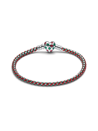 Bracciale Maglia Veneziana Intrecciato Arg. Sterling, Zirc. Cubica Rossa, Cristallo Verde Reale, Cordino Rosso/Verde