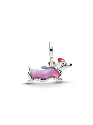 Charm Pendente Bassotto Natalizio Plac. Platino, Opale Viola Creato in Laboratorio, Smalto Rosso e Nero