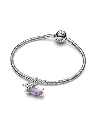 Charm Pendente Bassotto Natalizio Plac. Platino, Opale Viola Creato in Laboratorio, Smalto Rosso e Nero