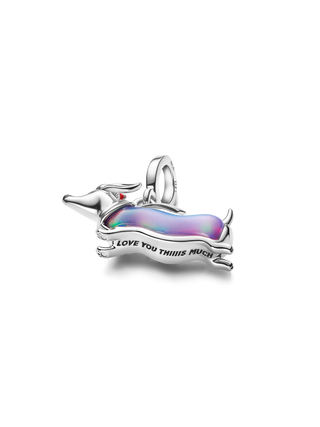 Charm Pendente Bassotto Natalizio Plac. Platino, Opale Viola Creato in Laboratorio, Smalto Rosso e Nero