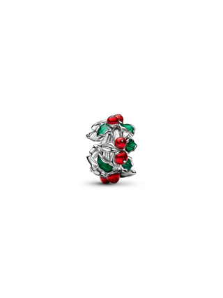 Charm Agrifoglio Natalizio con Placcatura in Platino e Smalto Rosso e Verde