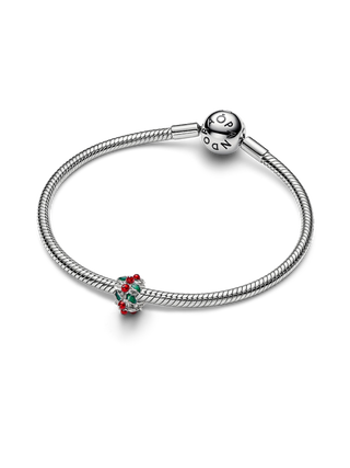 Charm Agrifoglio Natalizio con Placcatura in Platino e Smalto Rosso e Verde