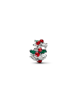 Charm Agrifoglio Natalizio con Placcatura in Platino e Smalto Rosso e Verde