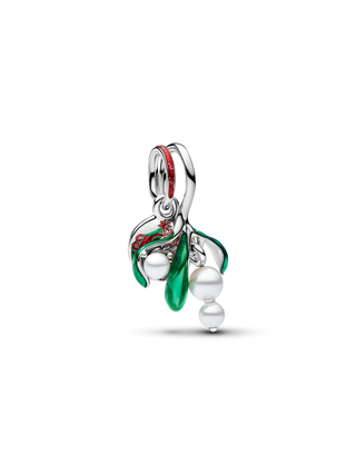 Charm Doppio Pendente Vischio con Placcatura in Platino, Perla Artificiale Laccata, Smalto Rosso e Verde