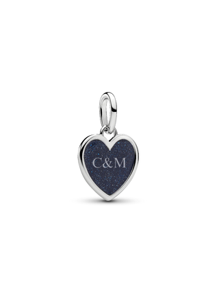 Charm Pendente Cuore da Incidere con Placcatura in Platino e Smalto Glitterato Blu
