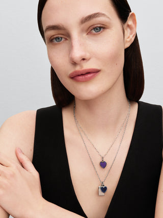 Charm Pendente Cuore da Incidere con Placcatura in Platino e Smalto Glitterato Viola