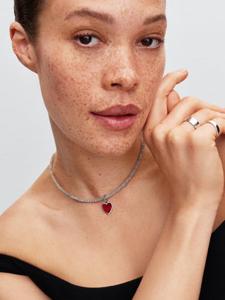 Charm Pendente Cuore da Incidere con Placcatura in Platino e Smalto Glitterato Rosso