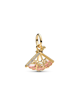 Charm Pendente Disney Ventaglio di Mulan Plac. Oro 14k, Zirconia Cubica Trasparente e Smalto Rosa