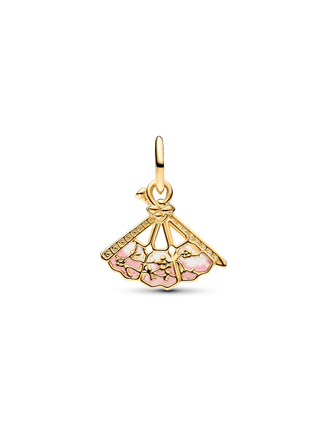 Charm Pendente Disney Ventaglio di Mulan Plac. Oro 14k, Zirconia Cubica Trasparente e Smalto Rosa