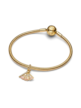 Charm Pendente Disney Ventaglio di Mulan Plac. Oro 14k, Zirconia Cubica Trasparente e Smalto Rosa