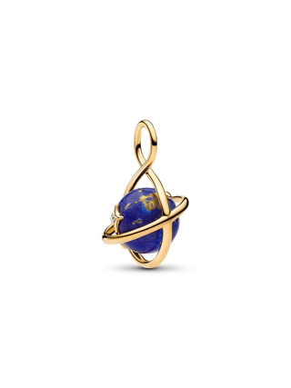 Charm Pendente Pianeta Rotante Plac. Oro 14k, Lapislazzuli d'Imitazione e Zirconia Cubica Trasparente