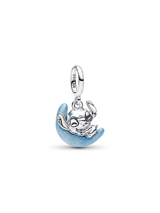 Charm Pendente Disney Stitch e La Luna in Argento Sterling con Smalto Fluorescente al Buio