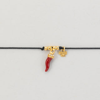 Black Cord Bracelet with Enameled Horn Charm