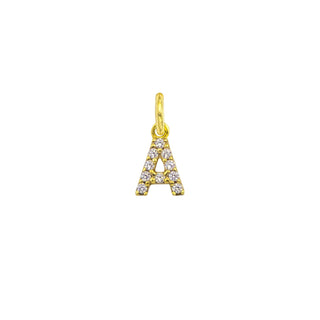 Gold 9K letter A charm with sparkling zircon pave, elegant and timeless.