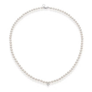 Girocollo In Oro Bianco 18KT. Diamante P.Ct.5 Col.G Purezza Si. Perle Coltivate Ø4,5/5